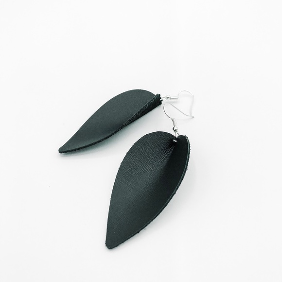 Black Leather Earrings Folded Leaf - Picture 2 of 3